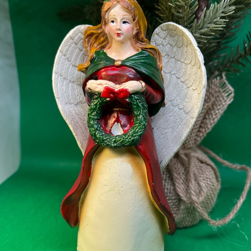 Holiday Angel Figurine with Wreath is 6 inches- Red, Green, and Cream